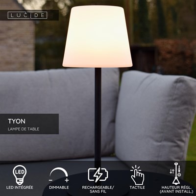 Lucide TYON - Lampe de table Rechargeable Intérieur/Extérieur - Batterie/Piles - LED Dim. - 1x2W 2700K - IP65 - Noir